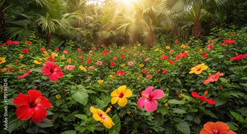 Vibrant Tropical Hibiscus Flowers Blooming in a Lush Garden with Sunlight.