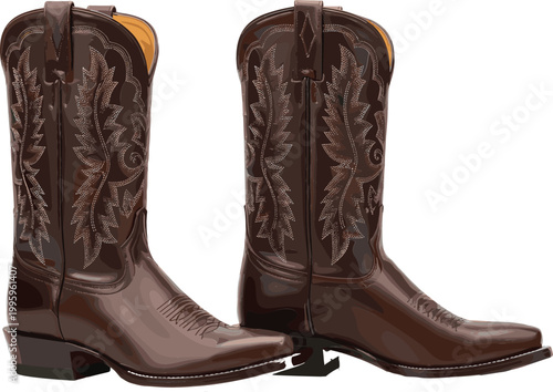 Pair of brown cowboy boots with decorative stitching western footwear classic leather fashion rustic style vector illustration isolated on light background