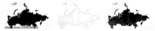 Russia map isolated on white background. Russia country map. Russia political map.Solid simple style. Russia map silhouette linear and black illustration. Black and white. Vector editable