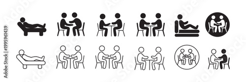 Minimalist icons showing therapy sessions, psychological consultations, and mental health support.