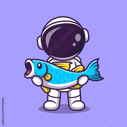 Cute Astronaut Holding Fish Cartoon