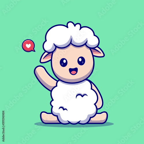 Cute Baby Sheep Sitting And Waving Hand Cartoon