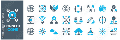 Collection of modern flat icons representing connectivity, networking, and communication concepts.