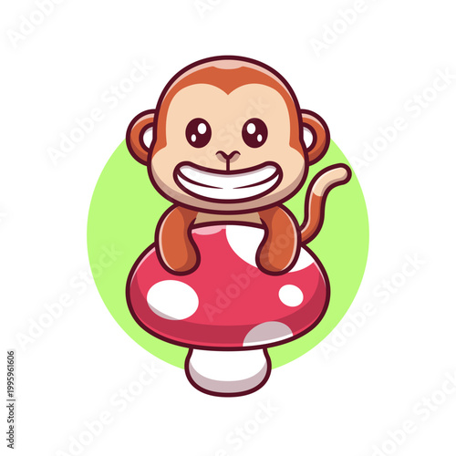 Cute Monkey On Mushroom Cartoon