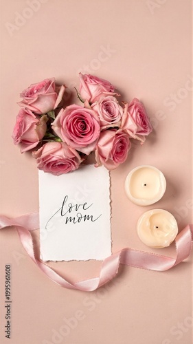 Pink roses with love mom card and candles flat lay vertical