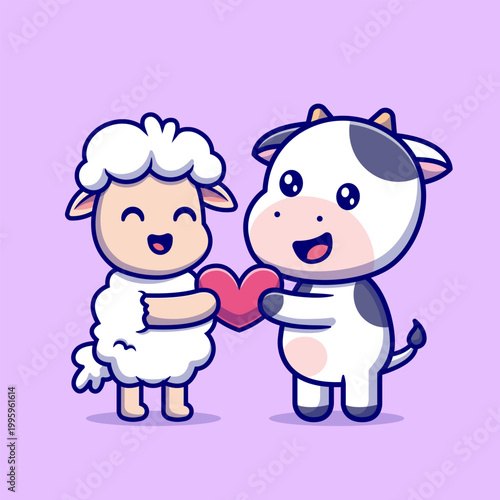 Cute Sheep And Cow Holding Love Heart Cartoon