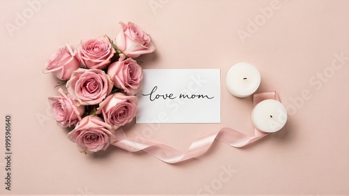 Pink roses with love mom card and candles flat lay