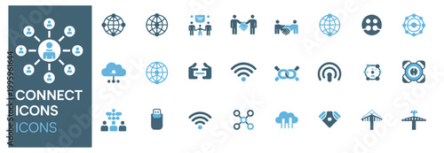 Assortment of flat icons symbolizing global connections, technology, and digital networking concepts.