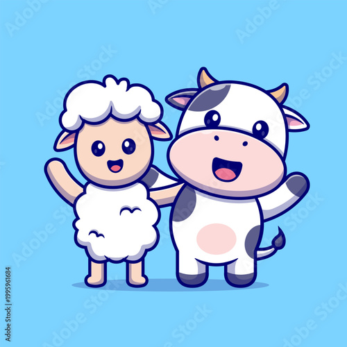 Cute Sheep And Cow Friend Cartoon