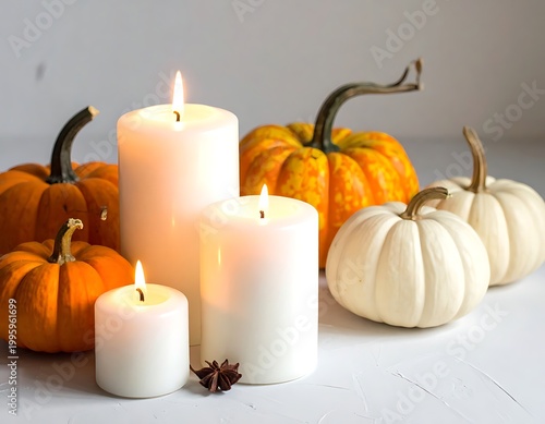 Autumn candles and pumpkins on table.