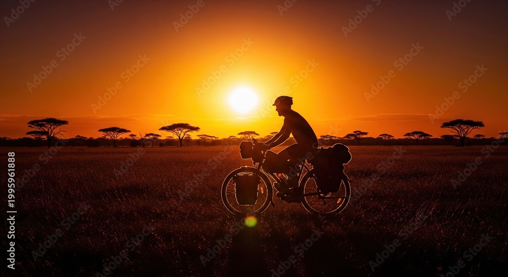 Obraz premium Silhouette of male cyclist riding touring bike through savanna landscape during golden sunset