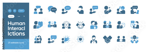 Set of blue icons depicting human interactions, communication, and social connections