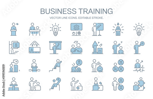 Business training vector icons: presentation, learning, ideas, teamwork, and growth
