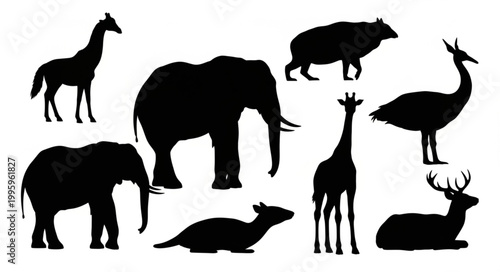 Collection of Diverse Animal Silhouettes Standing and Lying Down.