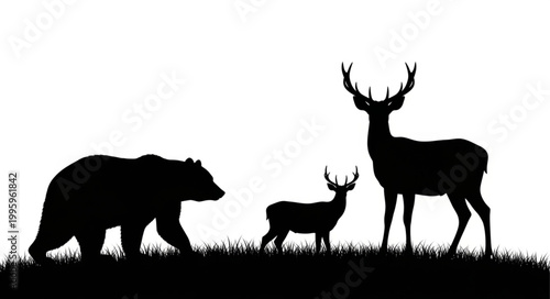 Silhouette of a bear and two deer in a grassy field.