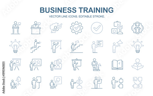 Business training icons set, representing education, teamwork, and professional development concepts.