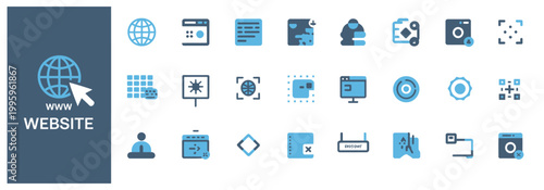 Website and internet icons, including globe, browser window, code, and digital communication symbols.