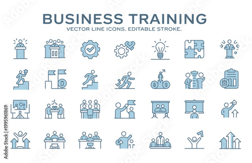 Business training icons: success, strategy, teamwork, presentation, and leadership