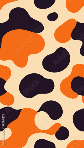 Abstract cow print pattern with orange and black spots on beige background