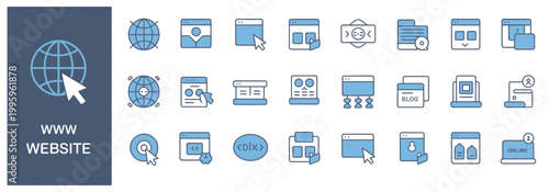 Website and internet icons, featuring browser windows, coding, and online content management symbols.