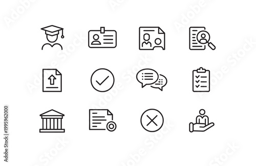 Set of line icons depicting education, personal data management, and administrative procedures.