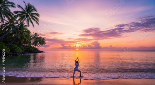 Woman practicing yoga on a tropical beach at sunset with palm trees and vibrant sky.
