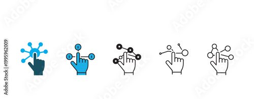 Variety of icons showing interactivity, digital touch, and network connections with a human finger.