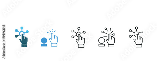 Group of icons depicting interactivity, digital touch, and user interaction with technology and networks.