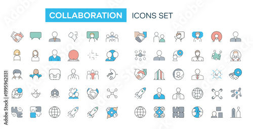 Set of collaboration icons including handshake, people, puzzle, rocket, and globe