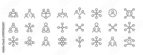 Collection of network and organization icons showing connections between people