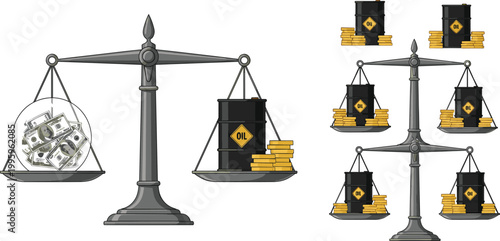 Oil barrels and money on balance scales illustrating petroleum pricing, supply and demand, global energy market dynamics, and financial value comparison vector illustration