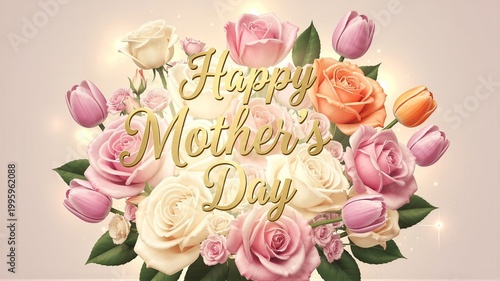 Happy Mother's Day gold text with floral bouquet