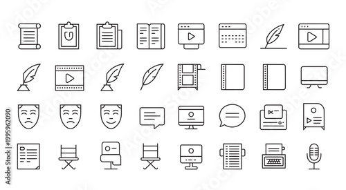 Collection of 40 editable icons for writing, media, and performance, including books, film, and theater.