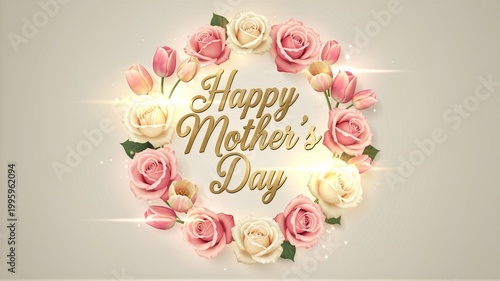 Happy Mother's Day gold text with rose wreath