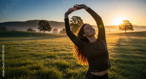 Woman stretching in a sunlit field at dawn, embracing nature and wellness.