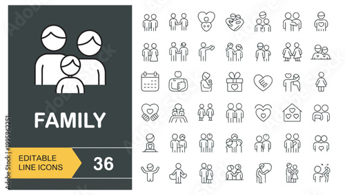 Family icons with diverse representations of relationships, love, and home.