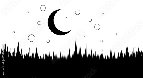 Crescent moon shining over silhouetted grass under starry night sky.