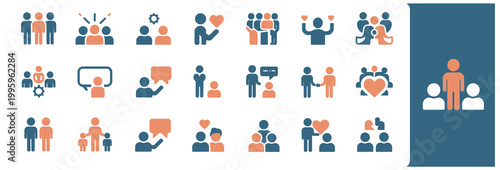 Collection of diverse people icons in blue and orange, illustrating teamwork and social interaction.