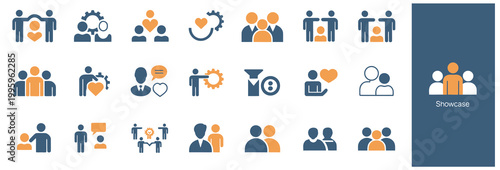 Teamwork and collaboration icons in blue and orange, representing business and people connections.
