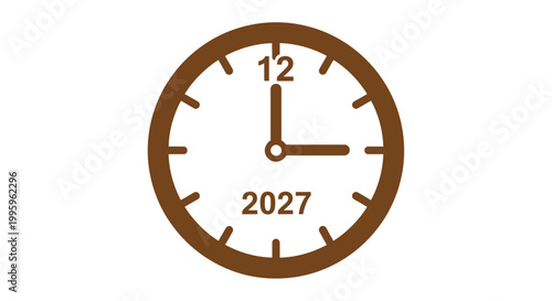 Brown analog clock with year 2027.