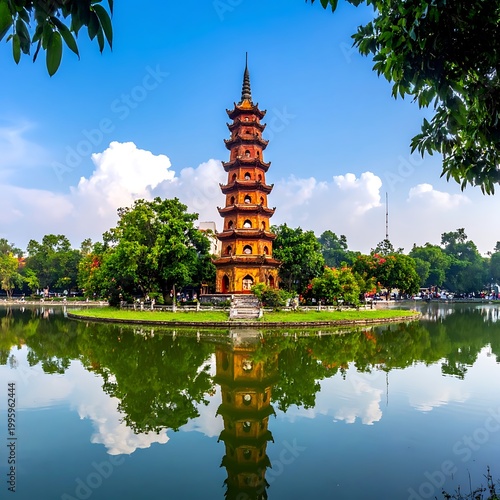 Asian Pagoda Temple by Serene Lake.