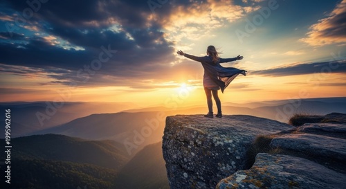 Woman with outstretched arms on a mountain cliff at sunset.