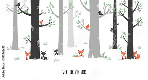 Cute forest animals in a snowy winter woodland scene.
