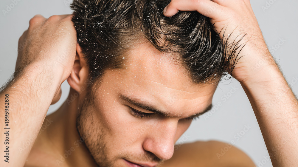 Fototapeta premium Close-up of man scratching scalp with visible dandruff flakes, hair care problem and dermatology concept, hygiene and treatment theme.