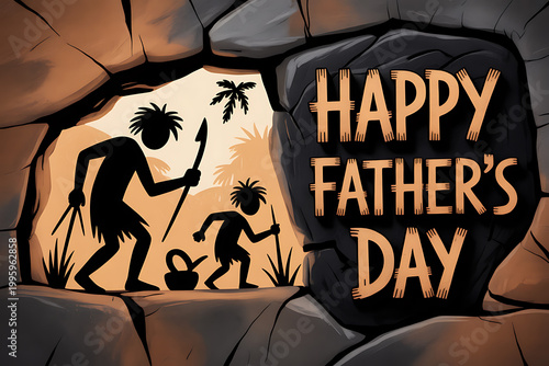 A cartoon illustration of a caveman and his son on Father's Day on transparent background