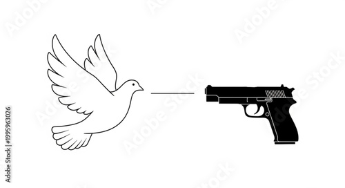 Dove of peace threatened by handgun aiming directly at it.