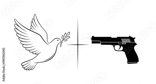 Dove with Olive Branch Confronts Handgun Symbolizing Peace Versus Violence.