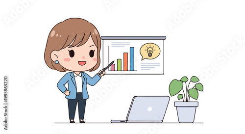 A cute chibi businesswoman in a blue suit gives a presentation with a bar chart, laptop, and potted plant in a clean office setting.