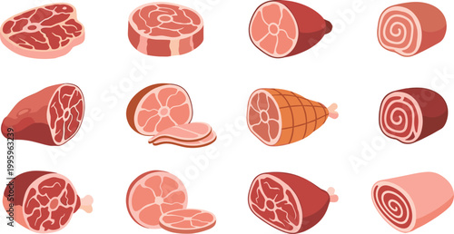 Raw meat and ham vector set with beef pork steak cuts sausages and deli products flat food illustration collection