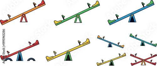 Seesaw Playground Vector Set with Colorful Teeter Totter Equipment for Kids Outdoor Play, Park Design, and Children Recreation Illustration Collection
